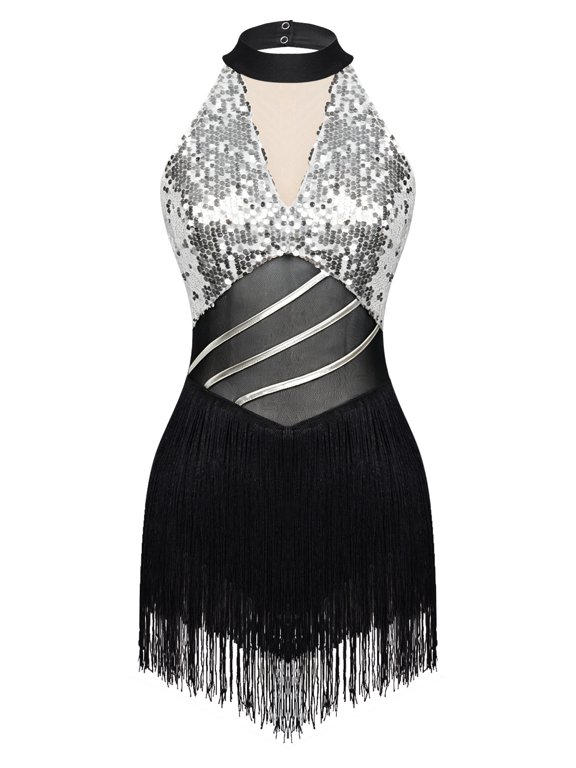 Women Sequins Cutout Latin Tango Salsa Jazz Dance Tassel Gymnastics Dress Ballet Performance Fringed Dress Silver XXL
