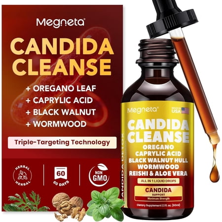 Candida Cleanse Detox with Triple-Targeting Technology, All-in-1 Synergy Formula with Caprylic Acid, Oregano, Black Walnut & Wormwood – Yeast Detox, Gut Health, Digestive & Immune Health (2 Fl Oz)