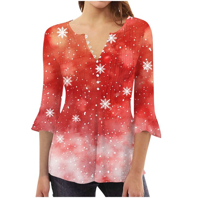 Camisetas con Cuello en V Mujeres Moda Impresa 3/4 Mangas Blusa, Top Cómodo Casual para el Hogar Y Diario