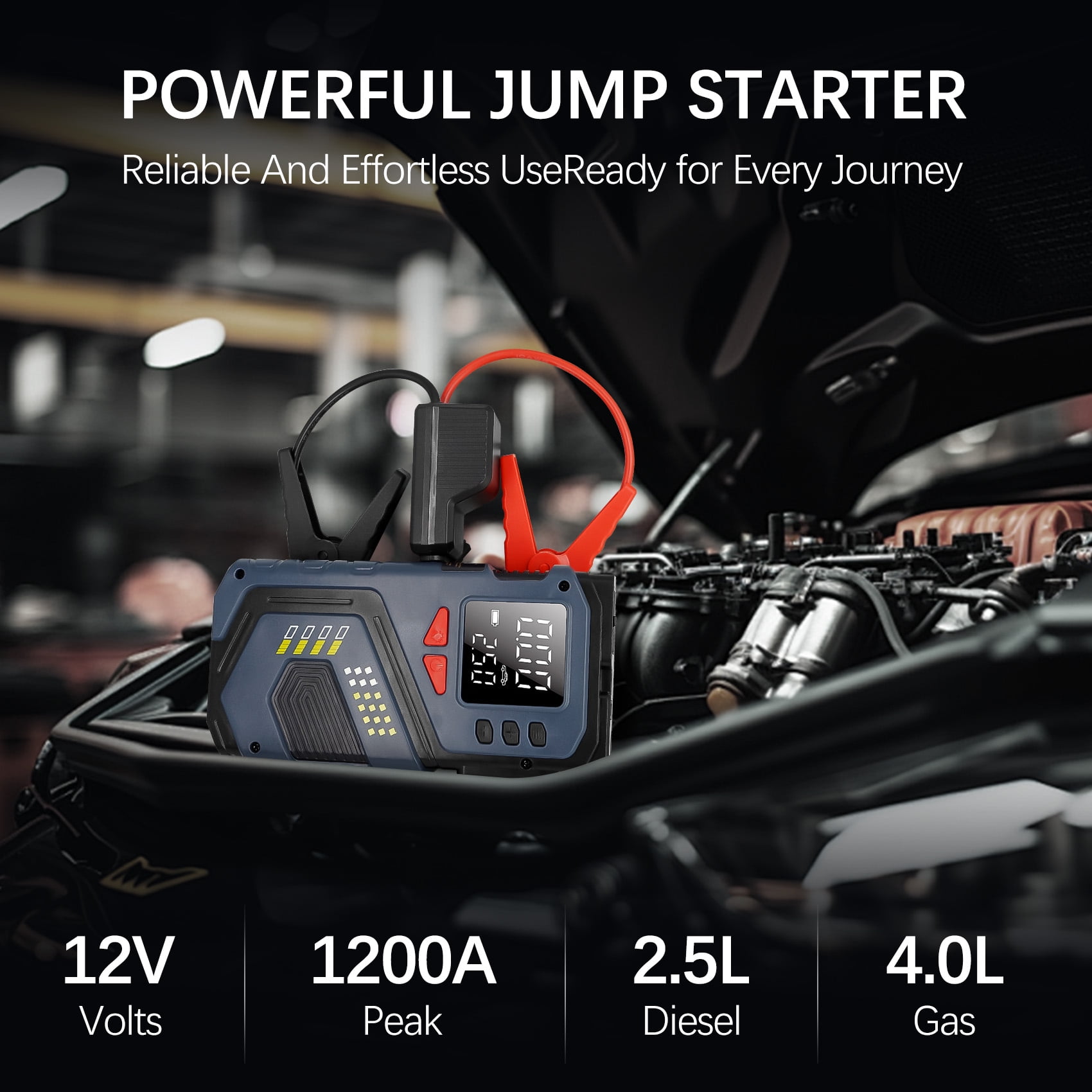 Portable Jump Starter with Air Compressor, 6000mAh 12V Car Battery Jumper for 4.0L Gas/2.5L Diesel, Smart Clamp, LED Display, SOS Flashlight with Storage Case