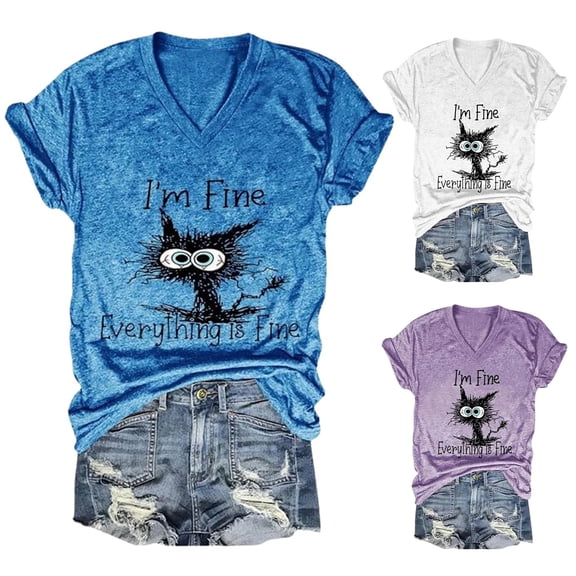 QHWAUAKFBN T Shirts For Women Trendy Loose Fit ' Summer V Neck Retro Cat Letter Printed Short Sleeved Tshirts Top