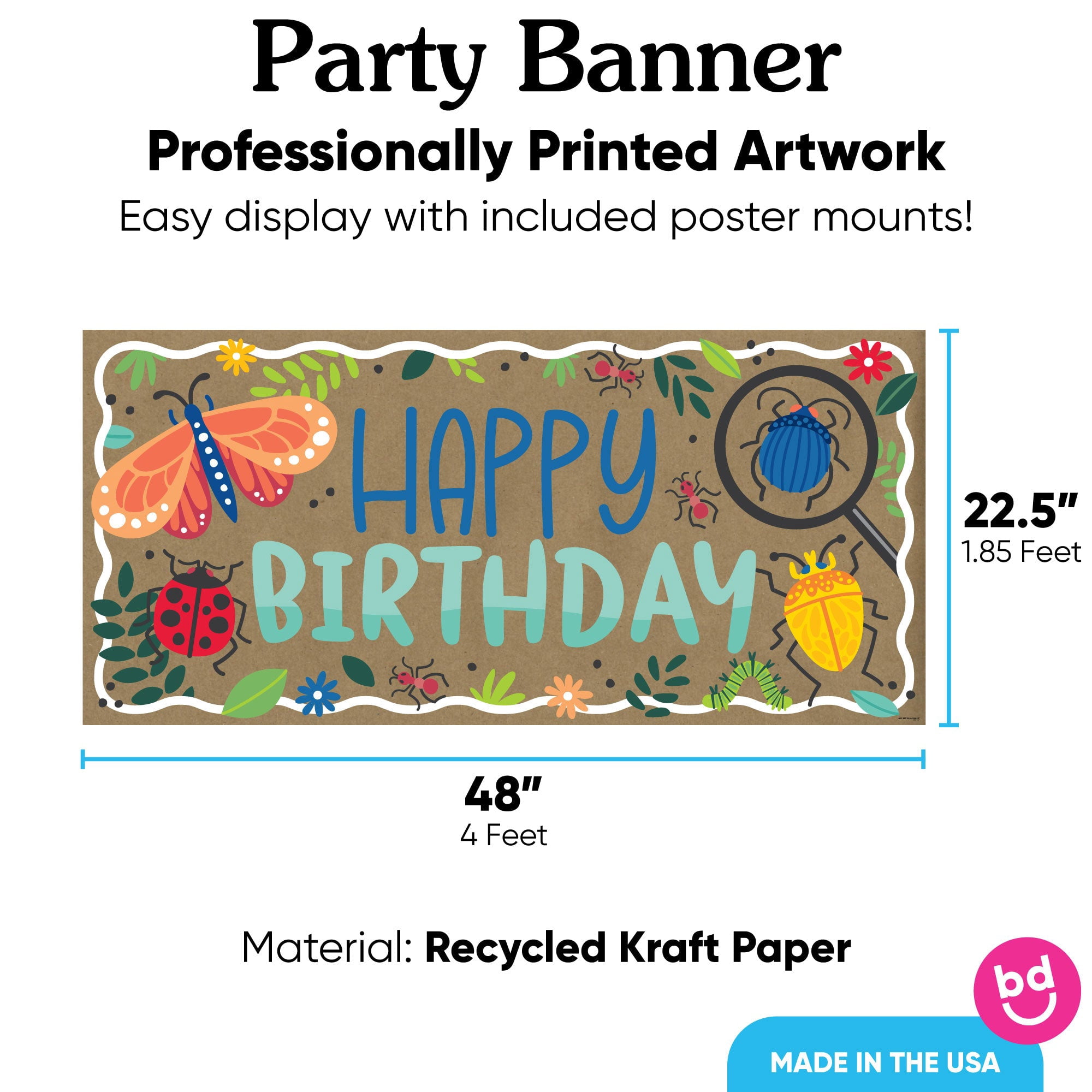 Big Dot of Happiness Buggin' Out Birthday Kraft Paper Banner, Colorful Insects and Bug-Themed Happy Birthday Party Banner, Printed Brown Paper Party Sign Decoration – 1 Count