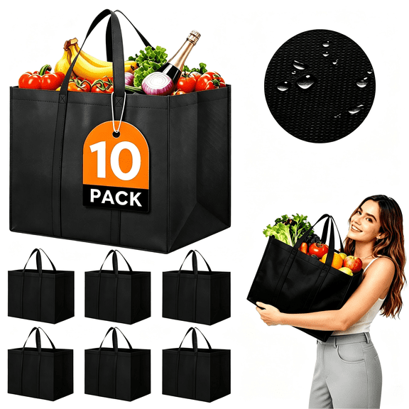 Reusable Grocery Shopping Bags 10 Pack Large Foldable Tote Bags Bulk, with Long Handle for Shopping Groceries Clothes (Black)