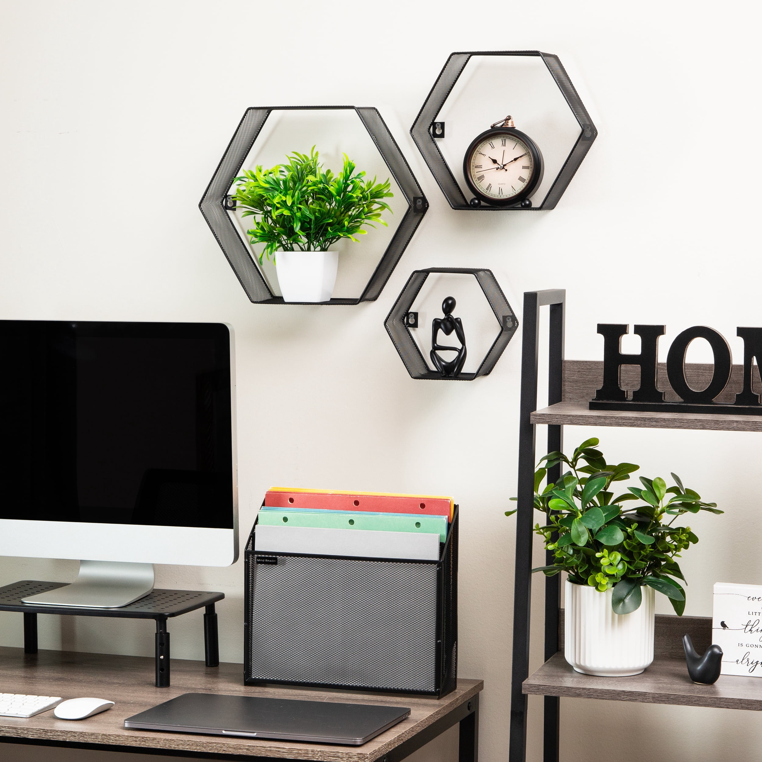 Mind Reader Hexagon Floating Shelves, Wall Decor, Honeycomb Accent Shelf, Office, Metal Mesh, 14"L x 4"W x 12"H, Set of 3, Black