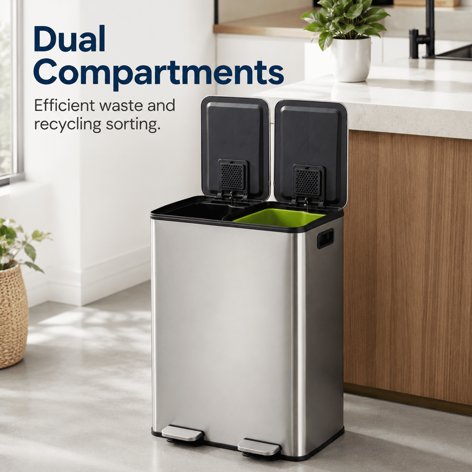 Alvantor Dual Bin Trash Can, 2 x 8 Gallon (2 x 30 L) Garbage Can for Kitchen, Soft-Close Lid and Removable Inner Buckets, Odor Control, Fingerprint-Resistant, Stainless Steel