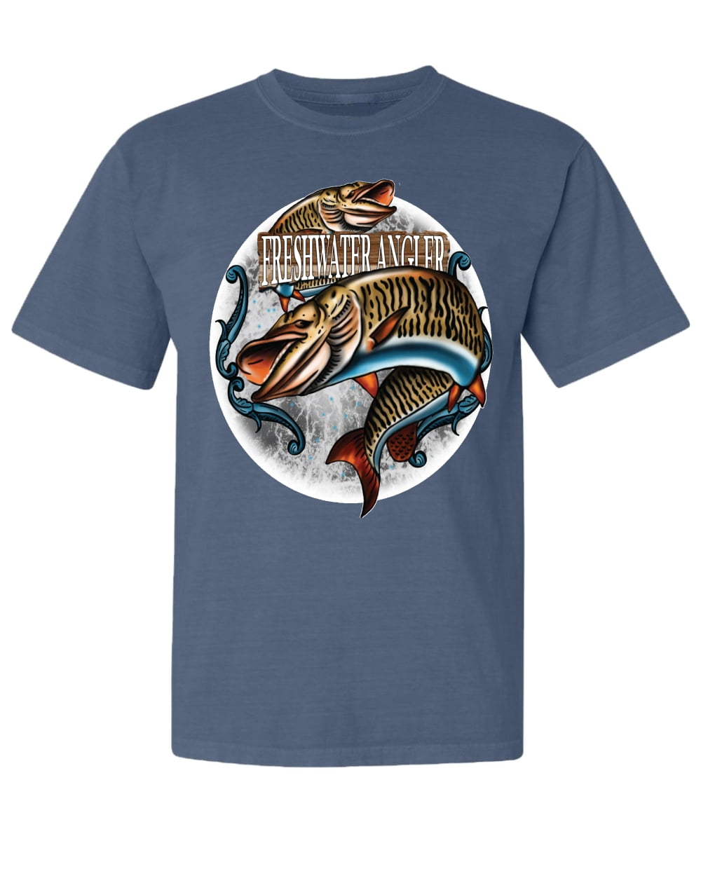 Wild Bobby, Freshwater Angler, Fishing, Garment-Dyed Washed Look Short  Sleeve Tees, Cobalt, Small 