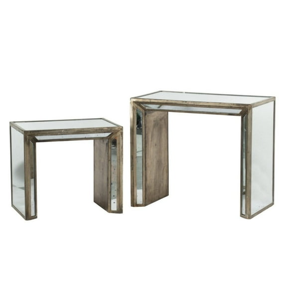 CC Home Furnishings Set of 2 Clear and Brown Vintage Mirrored Nested Side Tables 27.25"