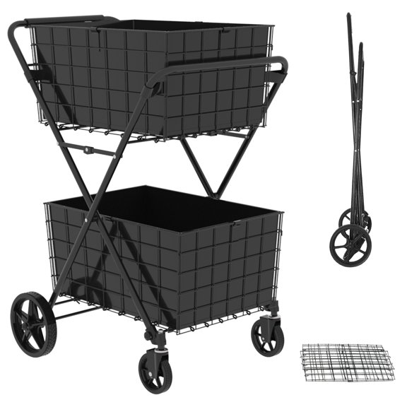 2-Layer Foldable Jumbo Shopping Cart with Double Basket, 360° Rolling Swivel Wheels for Groceries Laundry