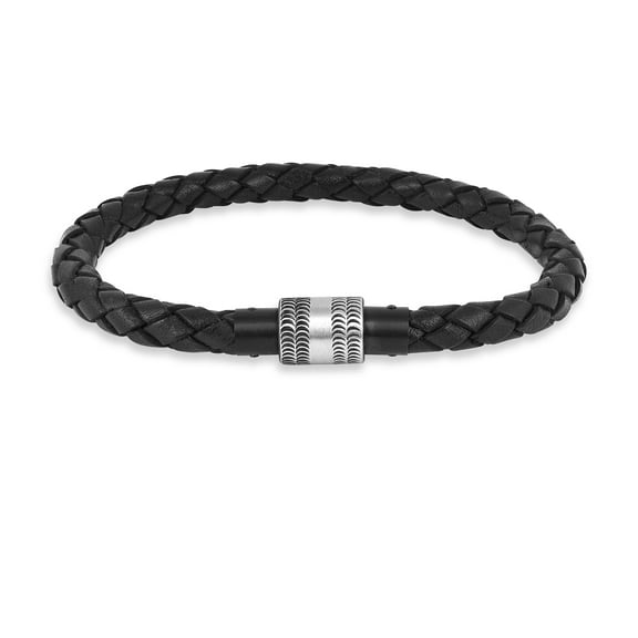 Mens Genuine Black Rope Stainless Steel Leather Bracelet for Mens Jewelry Gift Bracelet