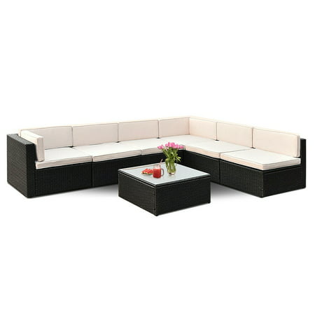 Costway 7 PCS Black Rattan Wicker Furniture Set Sectional with Beige