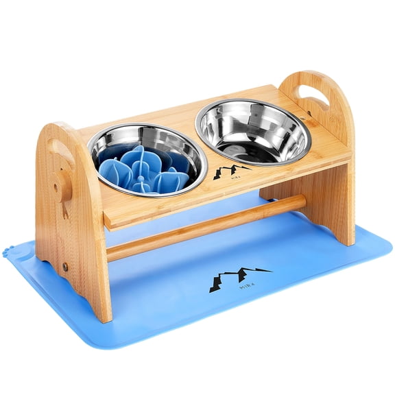 M1R4 Pet Supplies Adjustable Height Small Bamboo Elevated Bowl Bundle with Two Stainless Steel Bowls for Pets, Blue