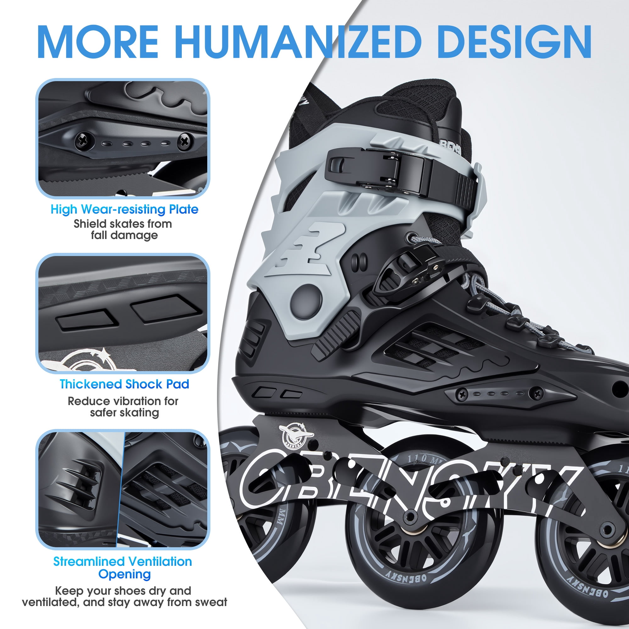 OBENSKY Adult Inline Speed Skates for Men & Women, 110mm Roller Blades Black&Gray