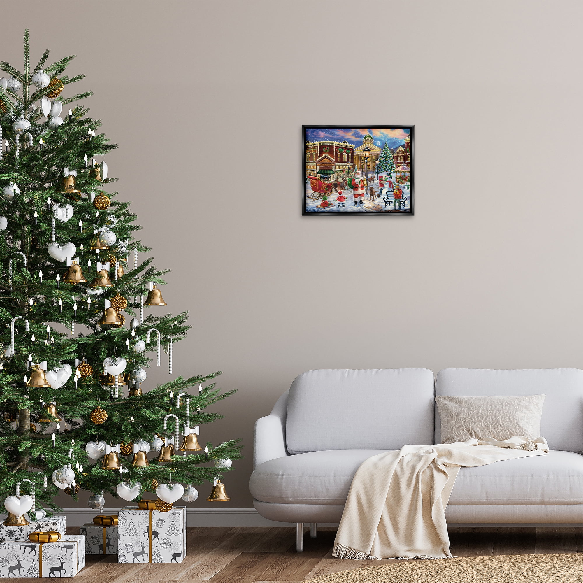 Stupell Industries Santa in Town Square Holiday Painting Black Floater Framed Art Print Wall Art, 21 x 17