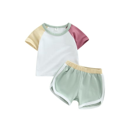 

Suanret Toddler Baby Girl Boy Summer Clothes Short Sleeve Patchwork Color T-Shirt Tops Casual Shorts 2pcs Outfits Green 1-2 Years