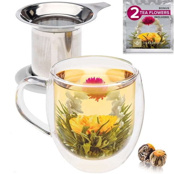 Taza de Vidrio Teabloom 430 ml Resistente al Calor con Infusor y Tapa