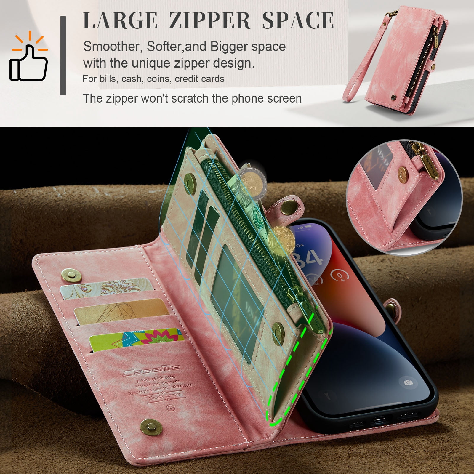 Feishell Durable 2-In-1 Magnetic Detachable Wallet Case for iPhone 15,for Women Men,Premium PU Leather Zipper Pocket Flip Multi Card Slots Purse Phone Case with Wrist Strap,Pink