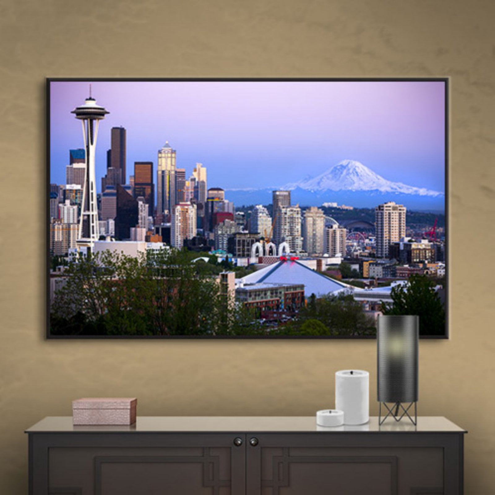 Cody York "Seattle And Mt. Rainier 2" Floater Framed Gallery-Wrapped Canvas