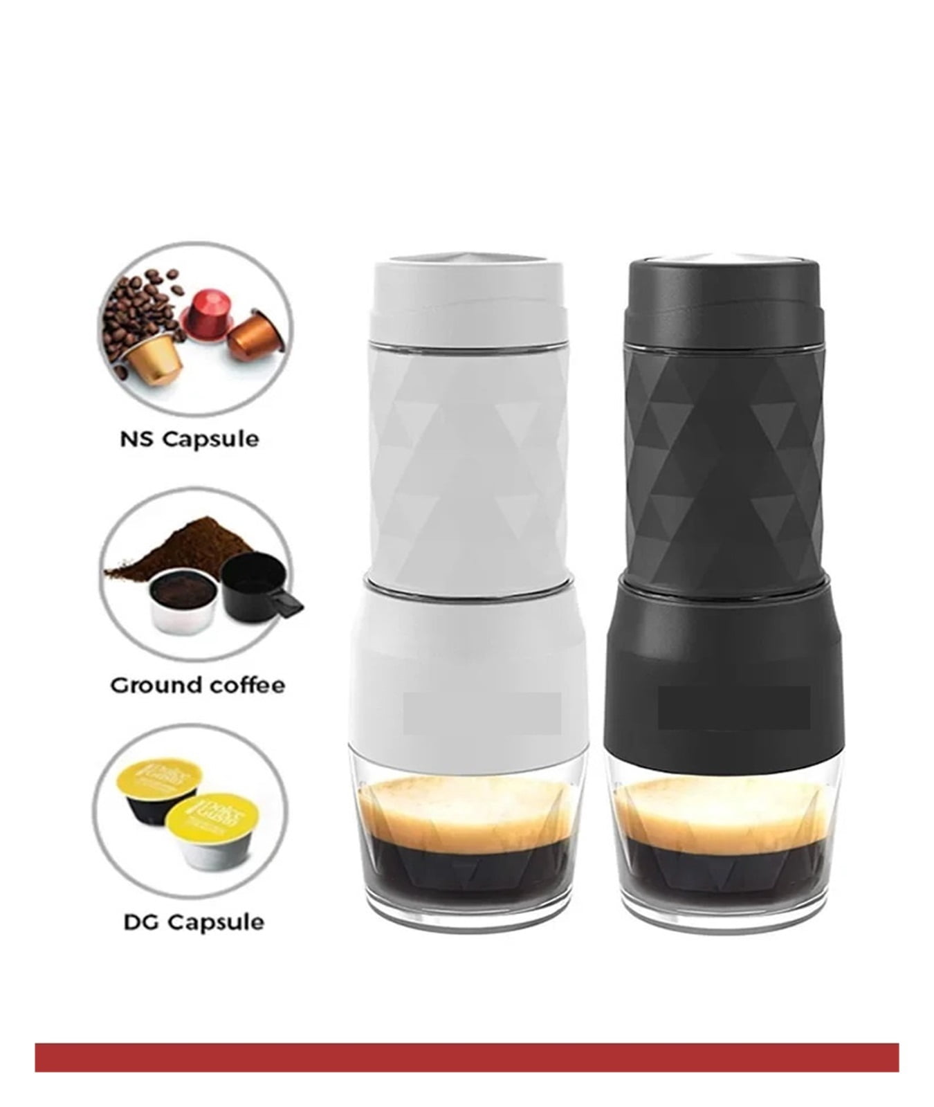 3 In1 Hot/Cold Portable Coffee Machine Manual Espresso Maker For Capsule & Ground Hand Press Brewer Home Office Travel ,Portable