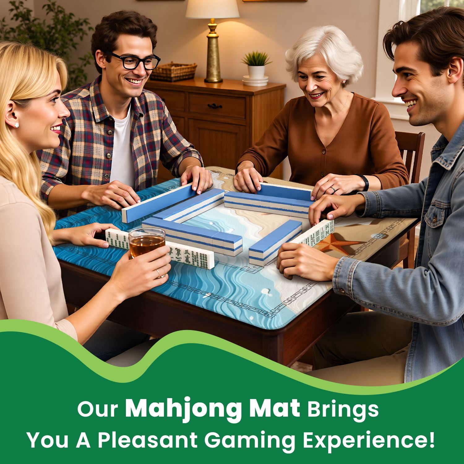Mahjong Mat 31.5" x 31.5" Beach Starfish Seashells Layered Ocean Waves Non-Slip Noise Reduction American Mahjong Tiles Table Cover for Dominoes Poker Card Board Games Gift