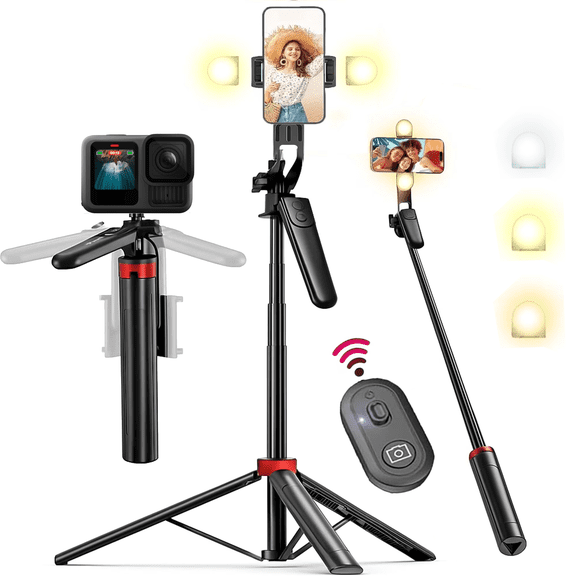 TIKBBRMG Phone Tripod and Selfie Stick 70.8in Extendable Phone Stand with Light with Wireless Remote Rotatable Grip for Travel/Selfie/Recording/Vlogging, Compatible with iPhone/Android (Black)
