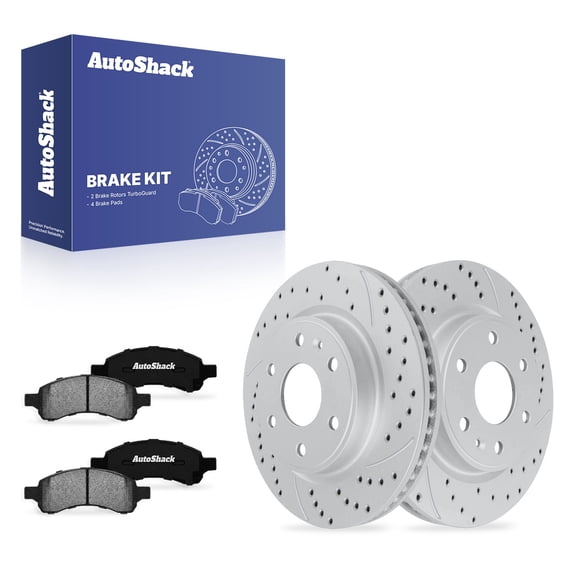 AutoShack Front Vented Drilled & Slotted Coated Brake Rotors Silver Matte Finish   Ceramic Pads 6-PC Brake Kit Replacement for 2007-2016 GMC Acadia 2008-2017 Buick Enclave TurboGuard 12.8" (325 mm)