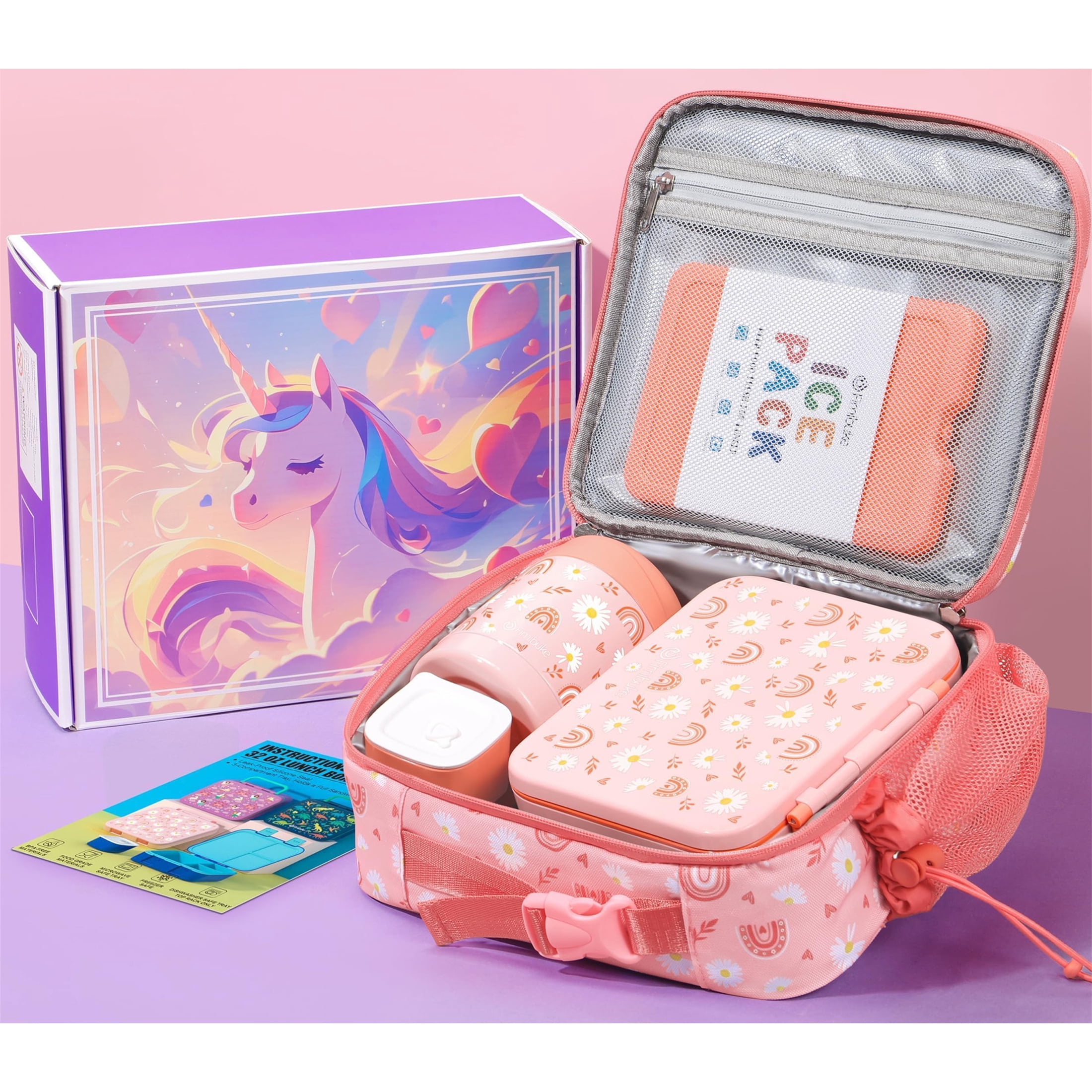 Bento Lunch Box 3-Compartment 32OZ Snack Lunch Container, Lunch Bag, 12OZ Insulated Food Jar & Ice Pack Set for School, Work, Travel, or Picnic (Daisy Rainbow)