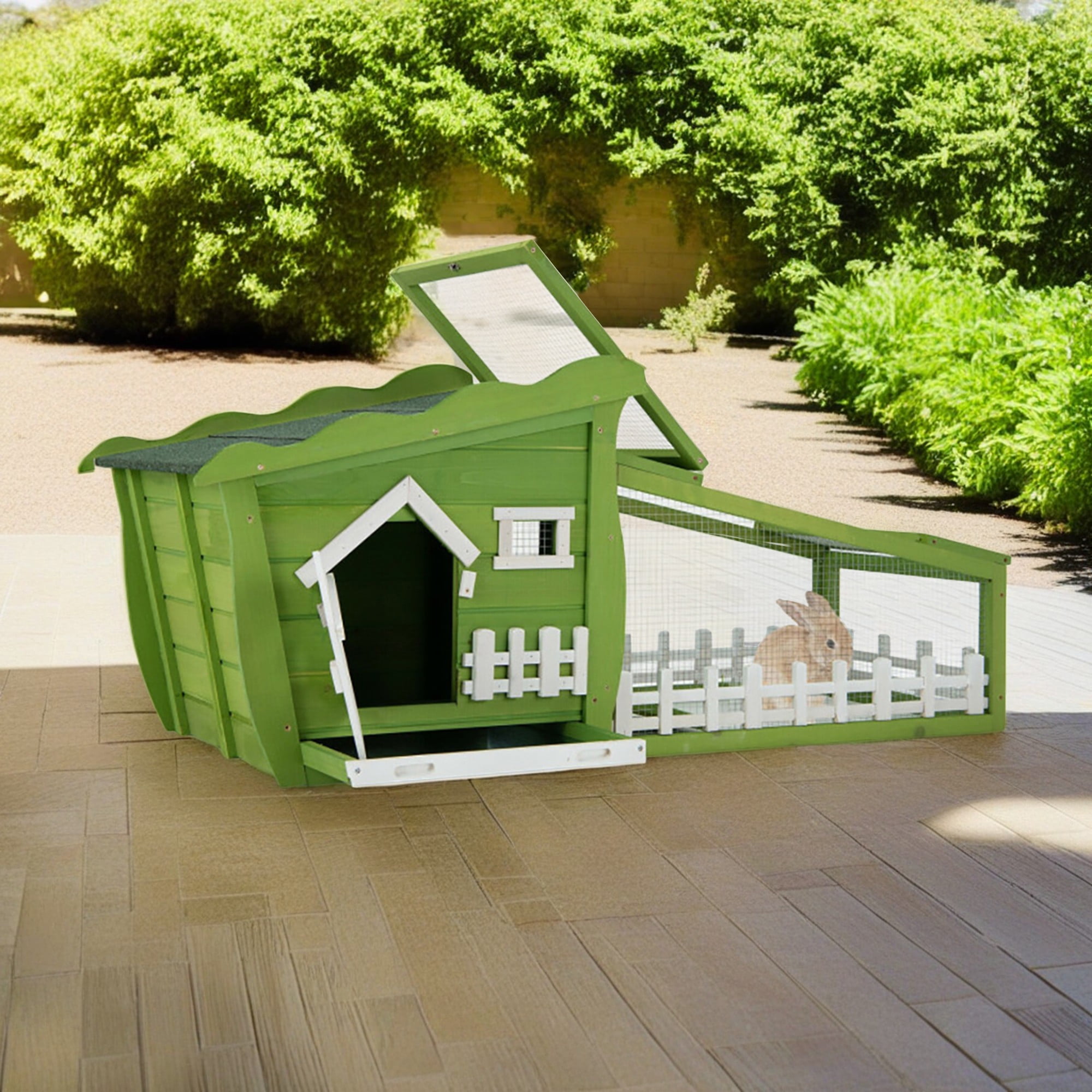 Kadyn 62" Outdoor Rabbit Hutch, Solid Firwood Hen House with Pull Out Tray, Guinea Pig Hutch, Wood Chicken Coops, Green
