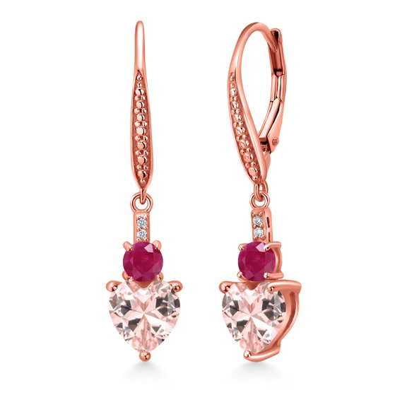 Gem Stone King 18K Rose Gold Plated Silver Peach Nano Morganite Red Ruby and White Lab Grown Diamond Drop Dangle Earrings for Women (3.23 Cttw, Heart Shape 7MM, Round 4MM)