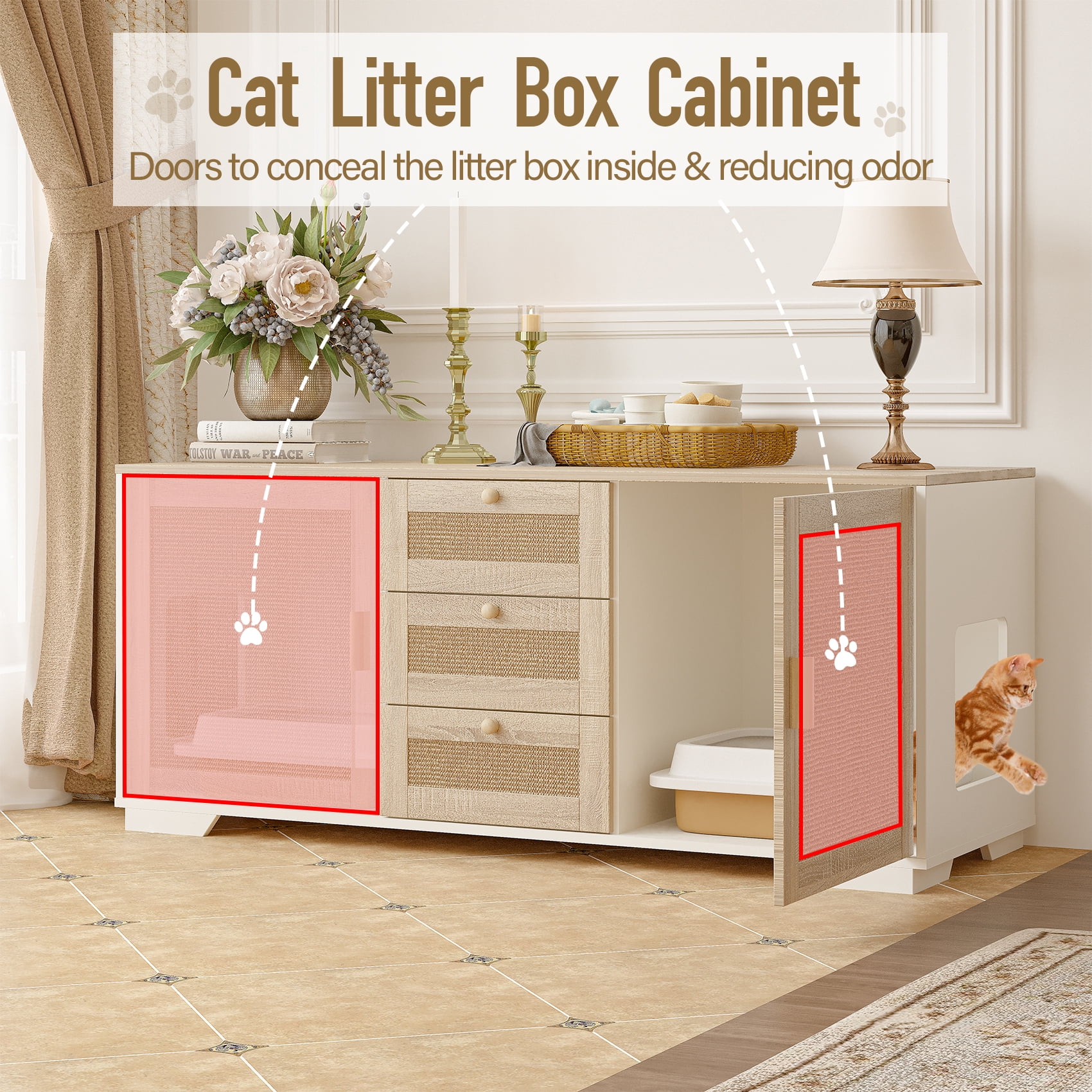 Faceket Cat Litter Box Enclosure Furniture, 55.2" L x 24.2" W x 20.2" H, Hidden Indoor 2-in-1 Wooden Cabinet with Scratching Board Doors & 3 Drawers, for 2 Cats, White