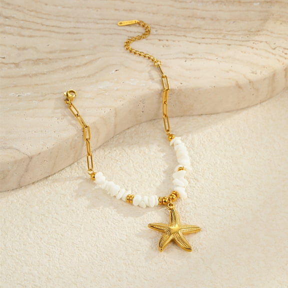 NICKSUN 18K Gold-Plated Stainless Steel Starfish & White Shell Lockbone Necklace - Coastal-Inspired Minimalist Chain for Women