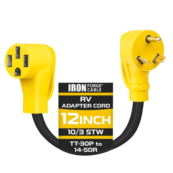 Iron Forge Cable RV Cord, Generator and RV Electrical Adapter Power Cord, TT-30P Male Plug to 14-50R Female, 12 Inch Plug Adapter - 10/3 STW Yellow