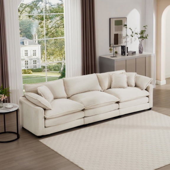 115" Corduroy Fabric Modular Sectional Sofa, Oversized Sectional Chaise Lounge with Memory Foam, Minimalist Boneless Sofa Couch with Arm & Throw Pillows for Living Rooms, Home Cinemas, Beige