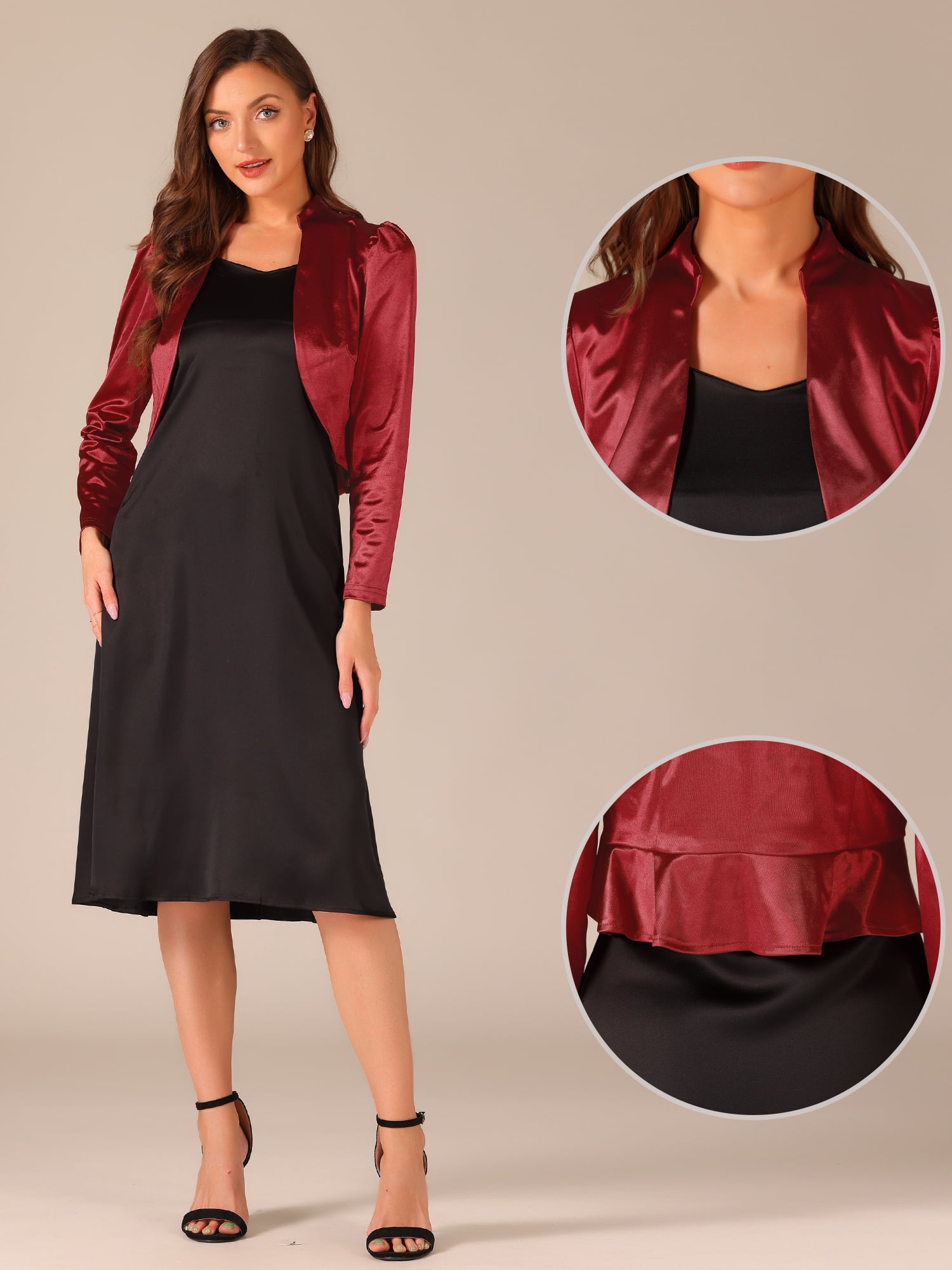 DARING DIVA Women's Satin Jacket Formal Long Sleeves Bolero Shrugs for Dresses S Wine Red
