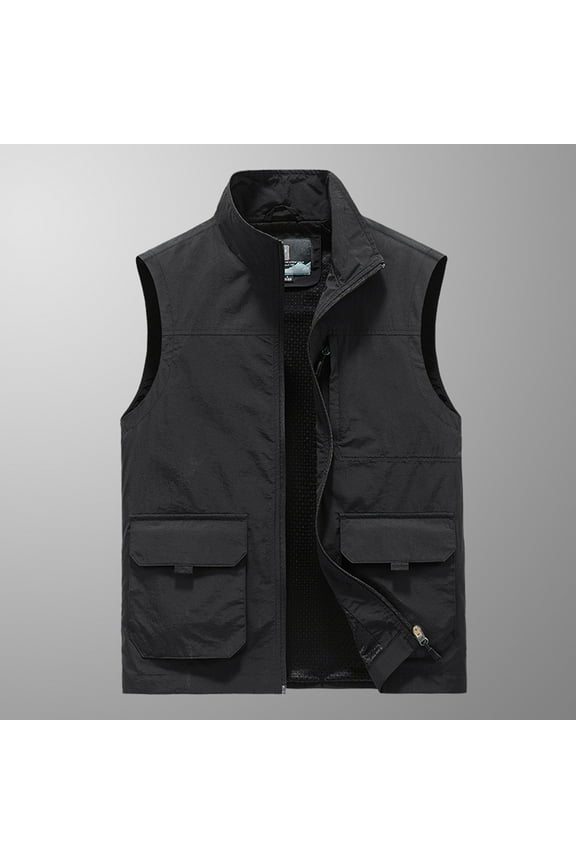 Men's Workwear Vest Solid Color Thin Stand Collar Sleeveless Jacket Cargo Tank Tops with Pocket Black