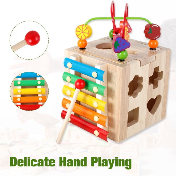 Hyacinthy Cubo De Actividades De Madera 6 En 1 Para Bebés – Juguete Montessori Con Laberinto De Cuentas, Reloj, Xilófono, Clasificador De Formas Y Más – Regalo Para 1-3 Años
