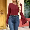 thumbnail image 2 of BLVB Women's Ribbed Long Bell Sleeve Tops Crew Neck Slim Fit Undershirts Knit Basic Casual Stretch Going out Tee Shirts, 2 of 5