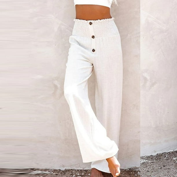 Long Pants For Women Women Casual Solid Pants Comfortable Elastic High  Waist Wide Leg Casual Loose Beach Pants White L JE 