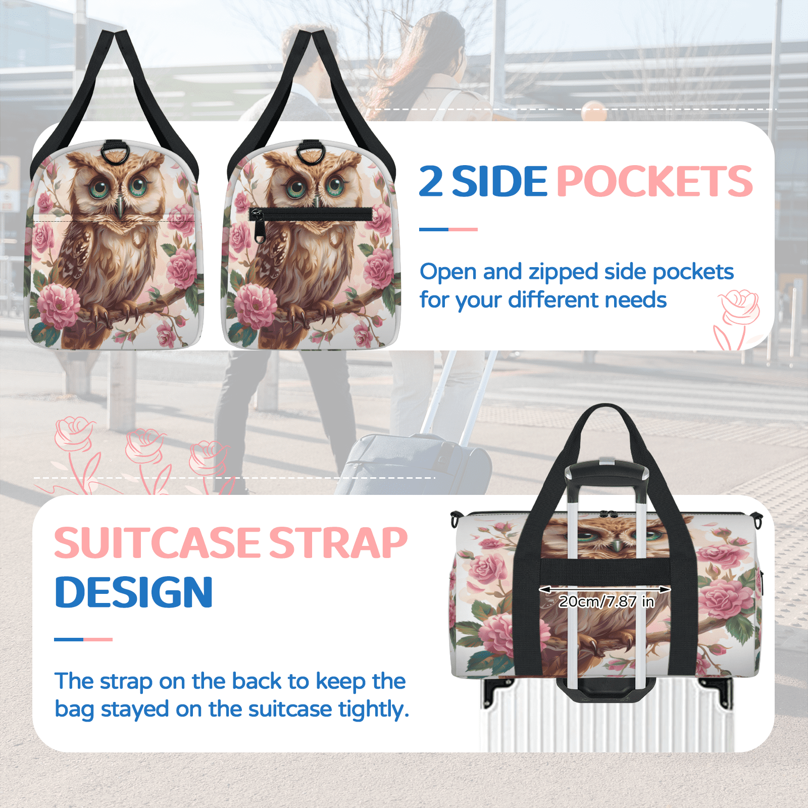 Herdesigns Cartoon Owl Travel Duffle Bag Sports Yoga Weekender Overnight Carry on Workout Bags Lightweight Waterproof Gym Tote Bag for Women Cute Animal