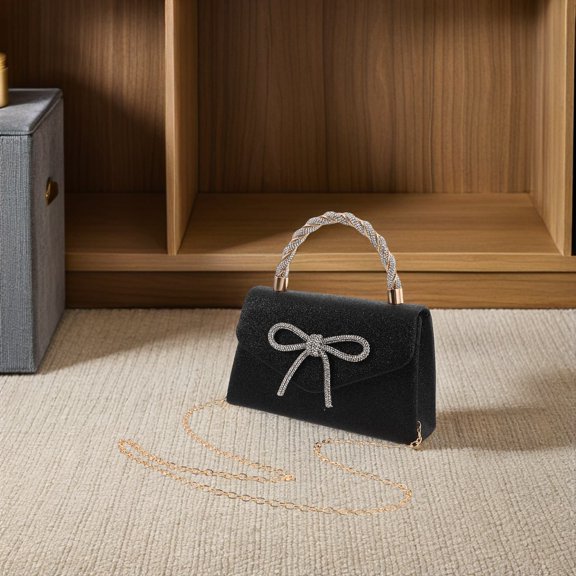 OFFIGAM Black Evening Clutch Bag for Women's with Rhinestone Bow Elegant Design Perfect for Parties and Weddings