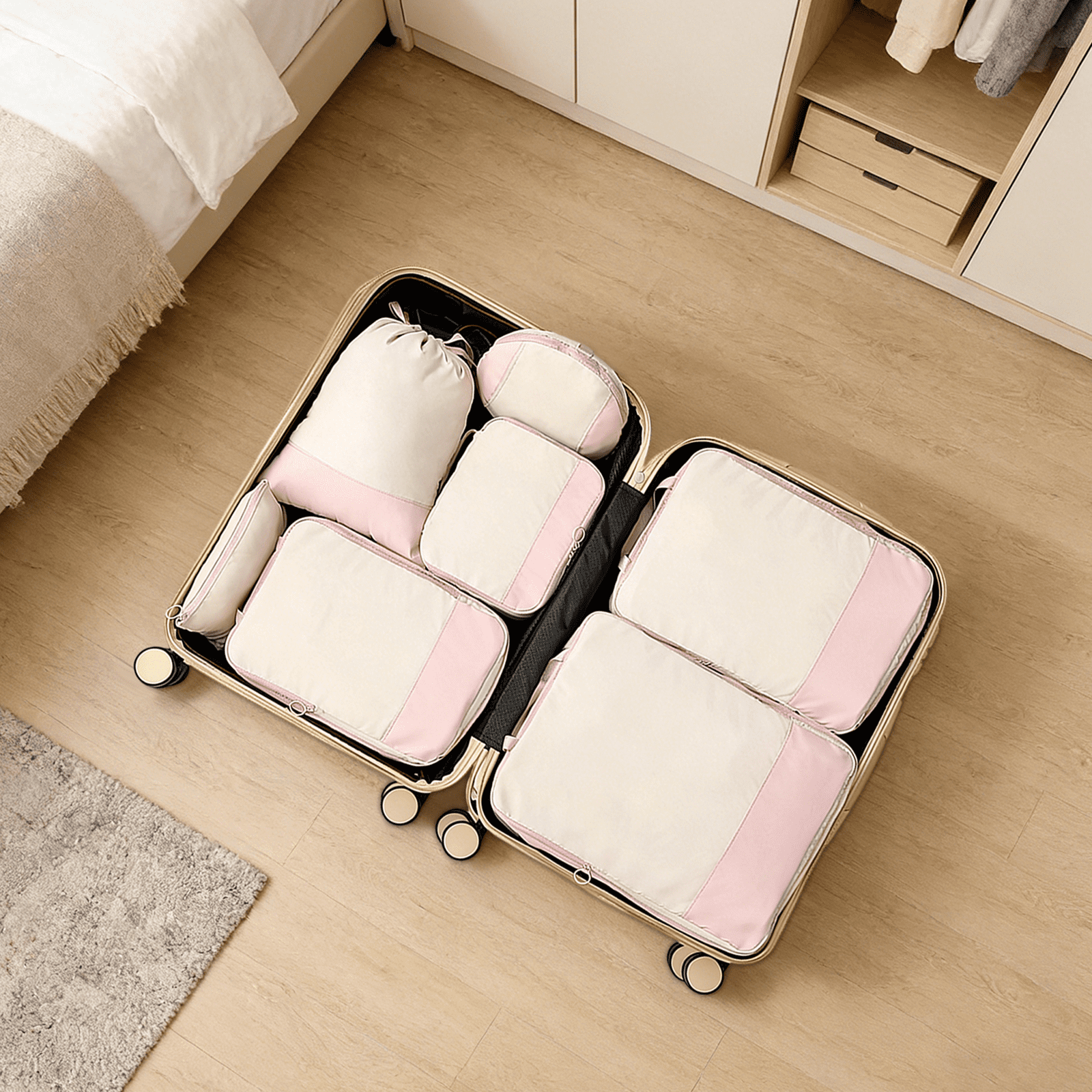 7 Pcs Travel Polyester Storage Bags Set, Compression Multi-Functional Luggage Organizers, Space-Saving Packing Cubes with Stylish Color-Blocked Design