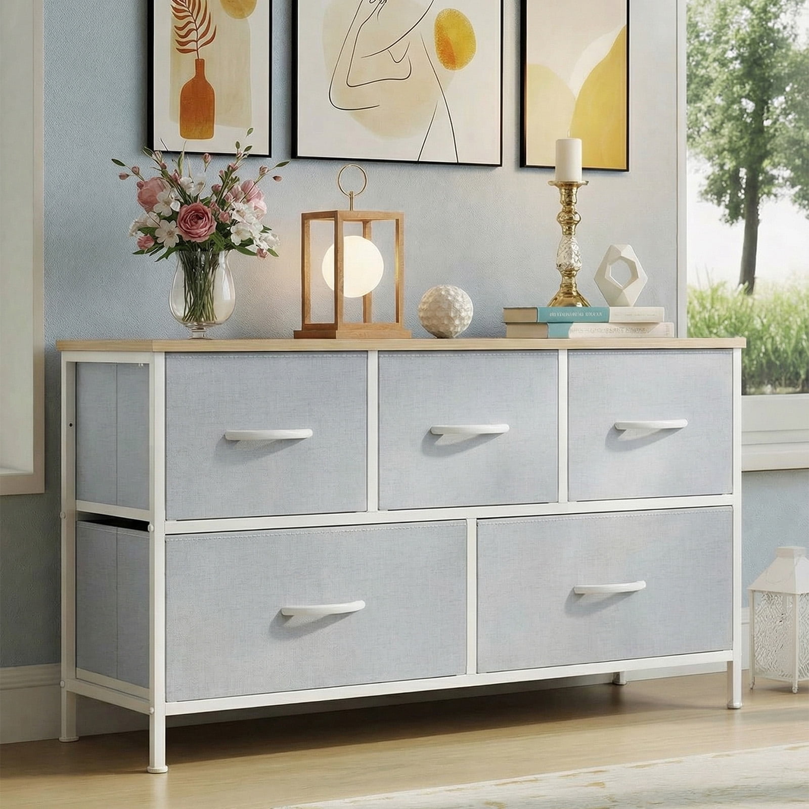 edx 5 Drawers Fabric Dresser for Bedroom, Drawer Organizer Storage Cabinet for Closet, Clothes, TV Stand, Light Gray