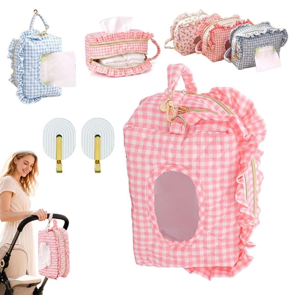 Double-Layer Quilted Wipes Bag Portable Wipe Holder,Large Capacity | Stroller or Travel Use, Hanging Diaper Bag, Nursery Home Storage, Baby Shower Gift(A)