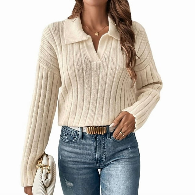 Suéteres de Punto para Mujer, Suéteres de Larga con Cuello en V, Camisetas Casuales, Conjuntos de Moda de Otoño Albaricoque L