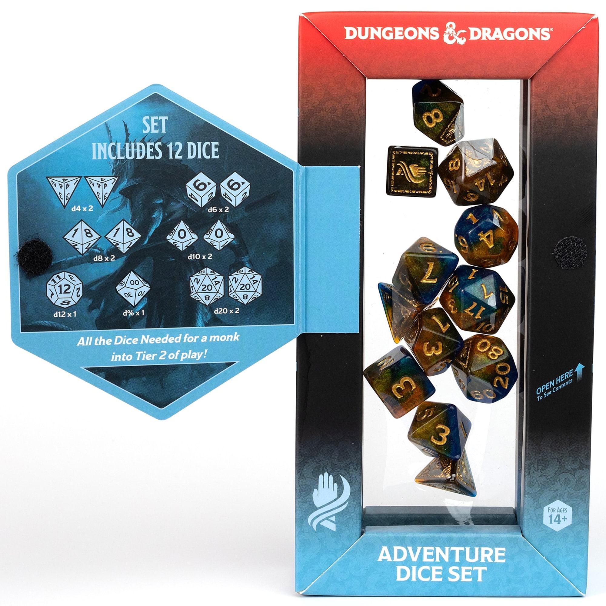 Dungeons & Dragons: D&D Adventure Dice: Monk - Blue & Gold - 12pc RPG Set, Class Symbols, Roleplaying Game Accessory, Sirius Dice, Officially Licensed