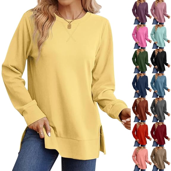 Visaly Crew Neck Side Split Sweatshirt for Women Long Sleeve Pullover Shirts Casual Loose Side Slits Tunic Top Dressy Sweatshirts Gym Sweatshirt Tunic Pullover Shirts Black L