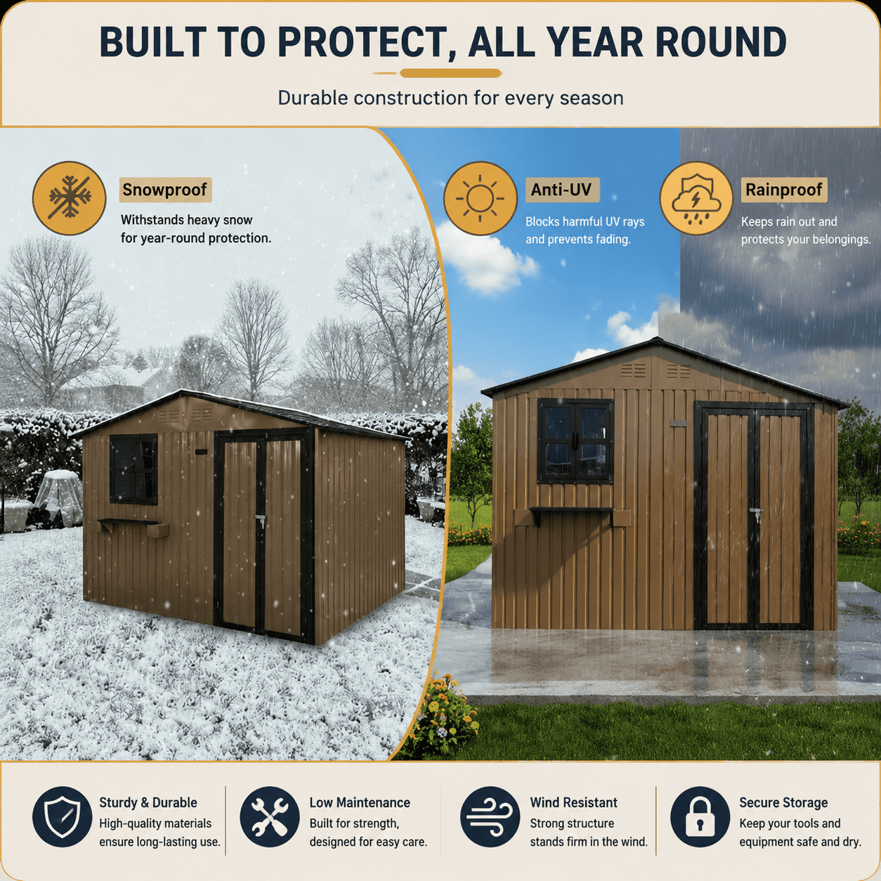 Mintazer 10×8ft Metal Outdoor Storage Shed with Lockable Door & Window, Weatherproof Garden Tool Shed with Flower Baskets, Brown