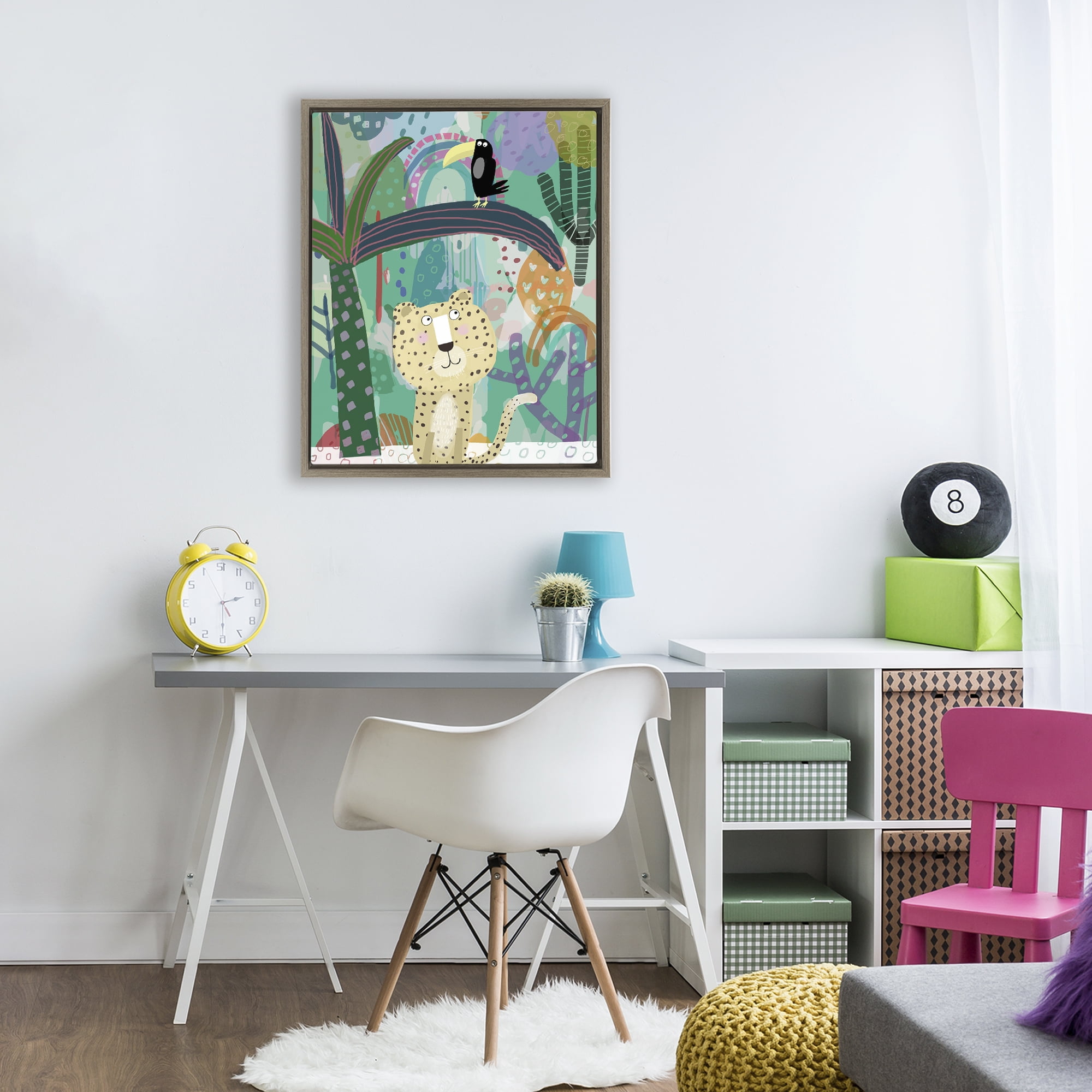 Jungle Cheetah & Toucan Brown Framed Floater Canvas Wall Art, design by Carla Daly