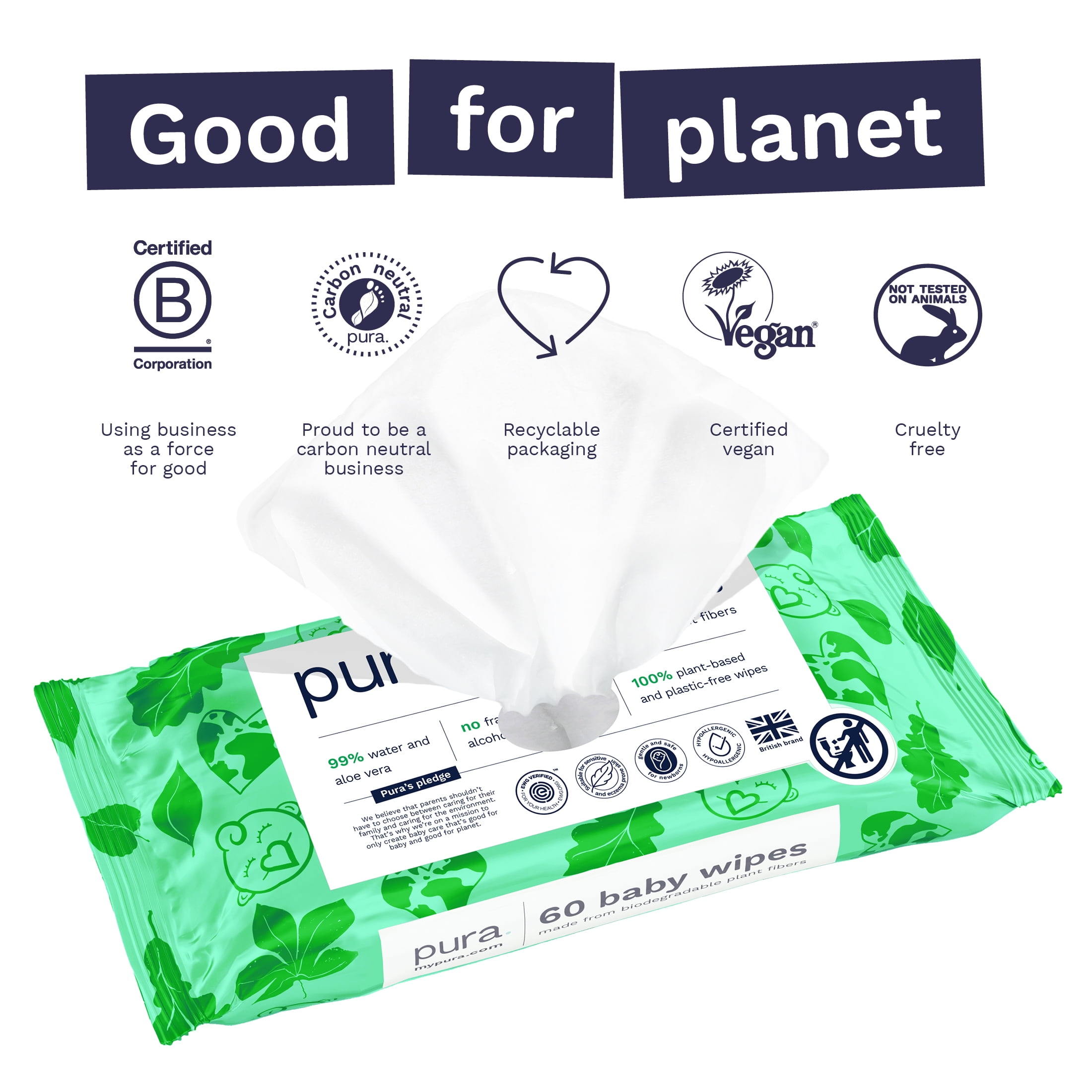 Pura Fragrance Free Sensitive EWG Verified Plastic Free Wipes, 180 Count (Choose Your Count)