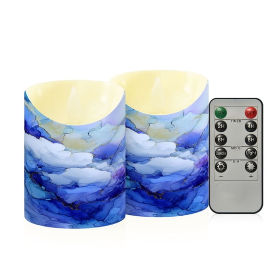 2 PCS Tilted Flameless Candles Flickering LED Lights Battery Operated Candles with Remote Timers for Holiday Decor Blue Ink Clouds