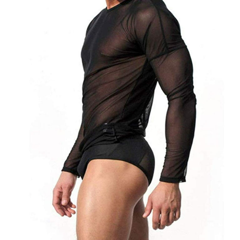 Men's See Through Mesh Sheer T-Shirt Top Clubwear Fishnet Long Sleeve  Undershirts Tee Blouse 